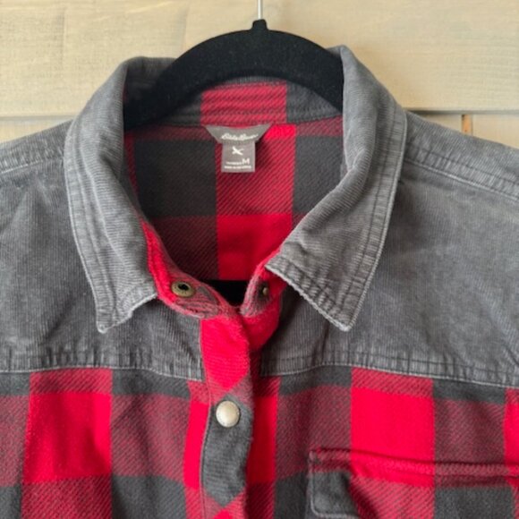 Eddie Bauer Womens Shacket Red Plaid Corduroy Flannel Snap Shirt Size Medium - Picture 3 of 5